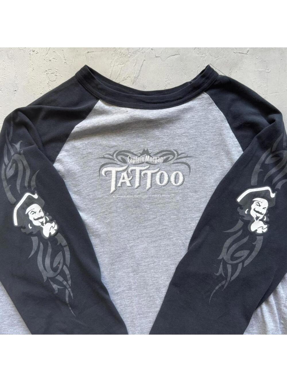 Vintage Y2K Captain Morgan Tattoo Alcohol Tribal 3/4 Sleeve Shirt Sleeve Hits